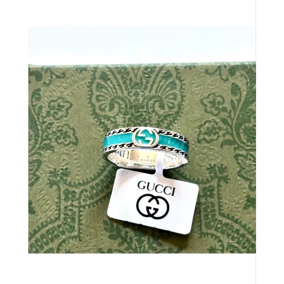 Gucci Men's Interlocking G Enamel Ring Turquoise Silver Size 11 NIB - Picture 3 of 6